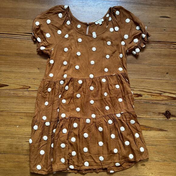 Blu Pepper brown cream textured polka dot tiered puff sleeve dress SIZE M - Picture 1 of 4